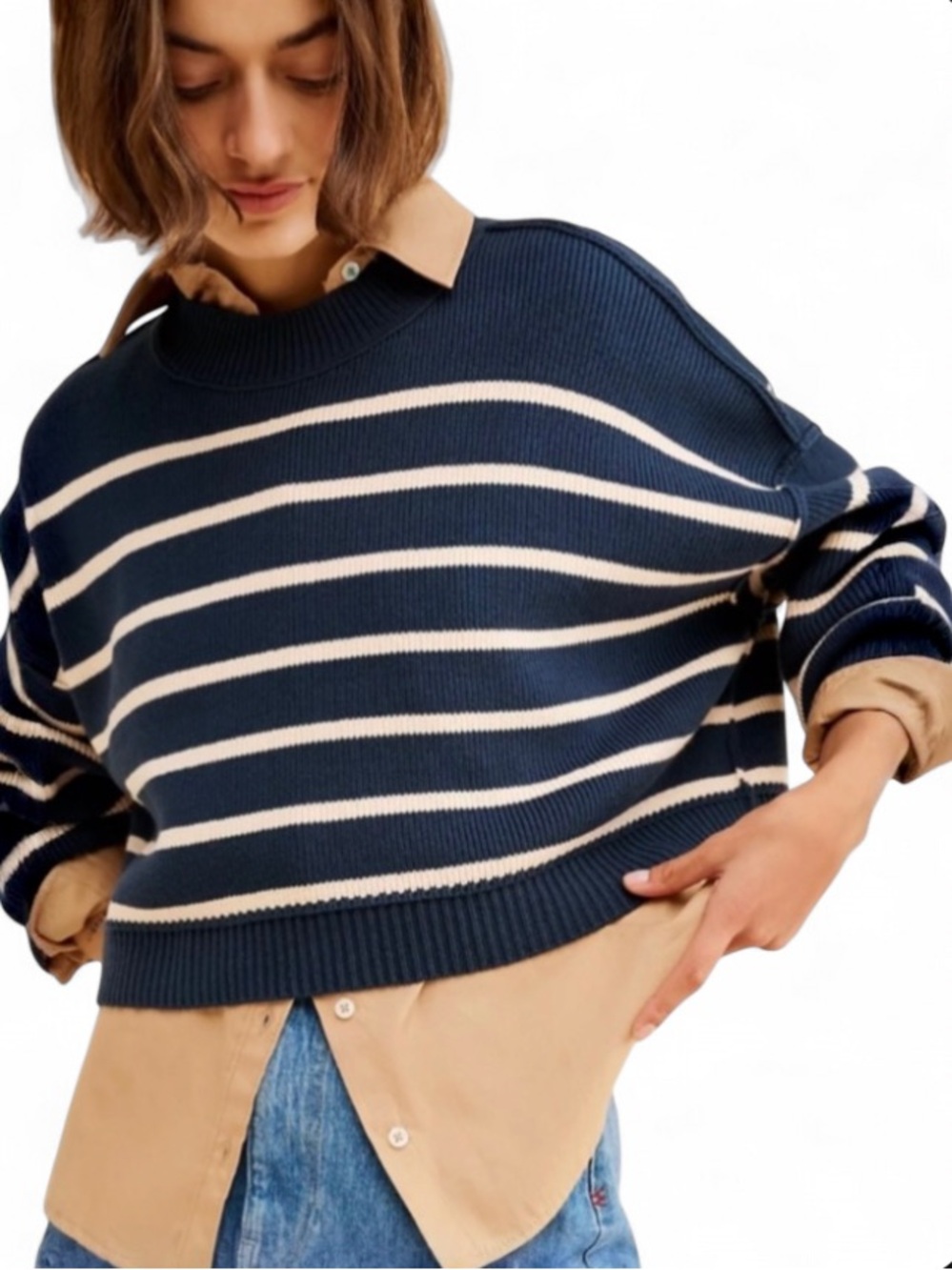 Free People Easy Street Navy and Cream Stripe Crop Pullover Sweater Size L